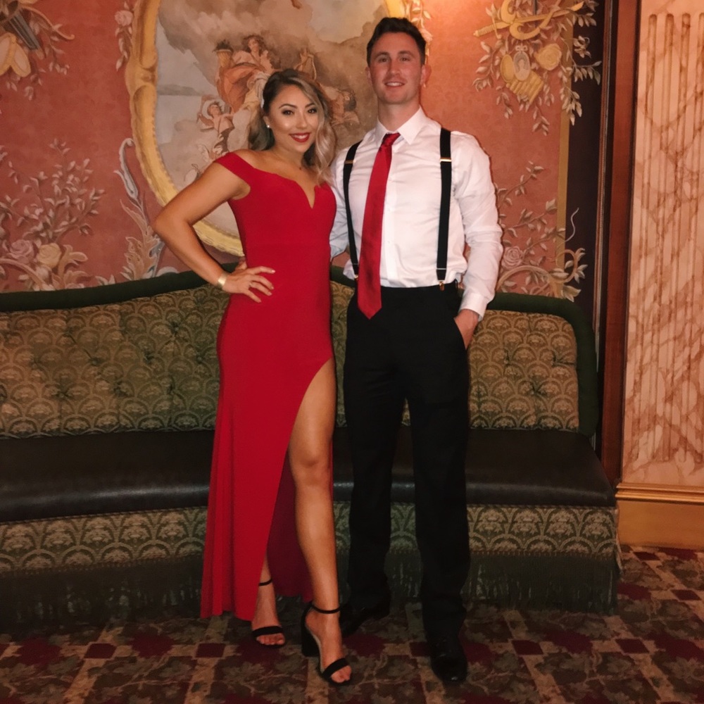 Red Off the Shoulder Gown with Slit